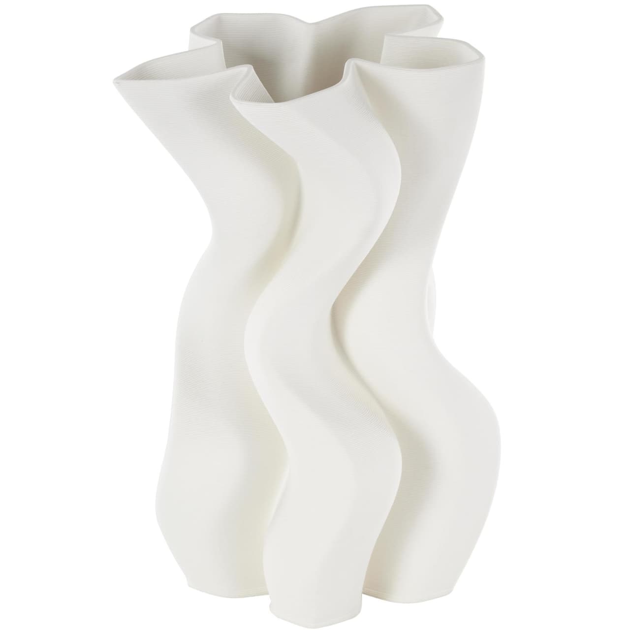 White Ceramic Abstract Ribbed Dimensional Wavy Vase with Floral Shaped Rim